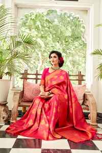 Hermoso Sari de Seda de Lino con Tejido Zari en Toda la Superficie y Pallu de Zari con Blusa Tejida con Zari, Estilo Indio - Product Image 2