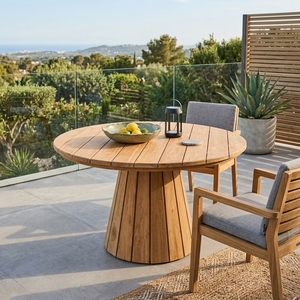 Natural Teak Wood <b>Round</b> Outdoor Garden Dining <b>Table</b> Conical Fluted Base Wooden <b>Patio</b> Setup Decor Pure Room Art Design - Product Image 5