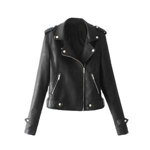 Chaqueta de cuero con cremallera delgada Retro americana para mujer, cortavientos de cuero Punk para motocicleta, prendas de vestir de cuero Pu ajustadas con solapa para mujer - Product Image 4
