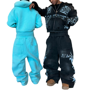 Ensemble survêtement et sweat à capuche surdimensionné en coton 100% lourd, délavé à l'acide, coupé et zippé, personnalisé pour le streetwear - Product Image 3