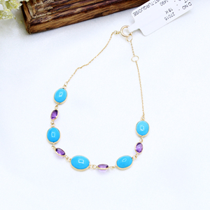 Pulsera clásica de cadena de oro amarillo de 18K para mujer, joyería fina hecha a mano, piedras preciosas de amatista turquesa Natural, moda para bodas - Product Image 3