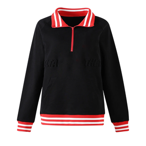 Sudadera de Hombre con Cuello Redondo y Cierre de Cremallera de un Cuarto, Color Negro, con Rayas Rojas en los Puños, Estilo Casual de Invierno, Bordada - Product Image 1