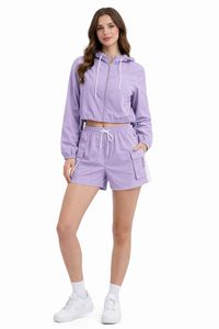 Conjunto de Sudadera con Capucha de 2 Piezas para Mujer, Color Sólido, Cierre de Cremallera de Cuarto, Pantalones Cortos con Cordón, Transpirable, Spandex/Poliéster, Cómodo, Largo hasta la Rodilla, para Yoga - Product Image 4