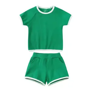 बच्चों के लिए कैज़ुअल सूट, गर्मियों में मुलायम कपड़े, रिब टॉप और शॉर्ट्स आउटफिट, 2-6 साल की लड़कियों के कपड़े सेट