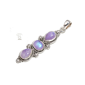 925 argent Sterling massif naturel semi-précieux belle pierre de lune violette pierre précieuse à la main pendentif en argent massif bijoux fins - Product Image 1