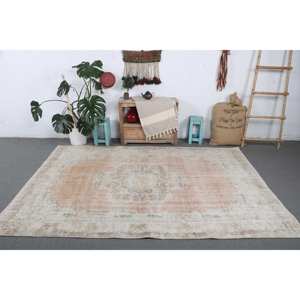 Tapis turc 5,8x8,4 pieds, tapis vintage en laine blanc et marron à pois - Product Image 3
