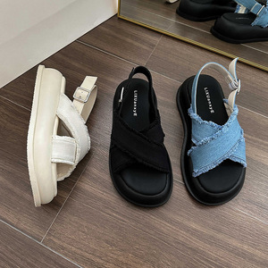 Women'S Classic Casual Vacation Style Blue Denim Fringed Thick Sole Soft Sole Sandals and Slippers Casual Comfy X-Strap Shoes - Product Image 6