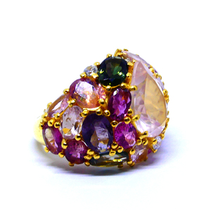 Designer 925 Sterling Silver Gold Plated <b>Rose</b> <b>Quartz</b> Multi Color Gemstone Wedding Wear Women Band <b>Ring</b> - Product Image 1