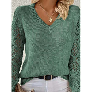 Suéter de punto de manga larga con cuello en V para mujer con aberturas en las mangas y detalle de patrón de diamantes, 37468 - Verde - Product Image 2