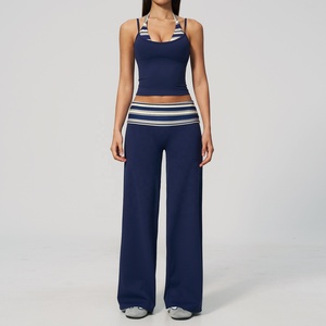 Halter Neck Crop Top High Waist Wide Leg Pants 2 Piece Set Striped Contrast Binding Yoga Wear - Product Image 1