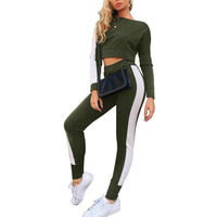 Conjunto Deportivo de 2 Piezas para Mujer, Transpirable, de Spandex y Poliéster, Top Corto de Manga Larga con Franja Lateral y Leggings hasta el Tobillo