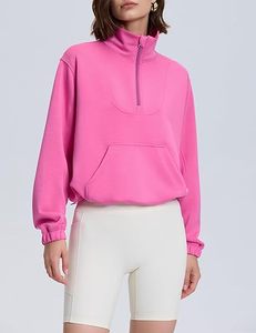 Sudadera con Capucha de Algodón 100% de 220 g/m², Estilo Holgado con Cuello Alto y Cierre de Cremallera de un Cuarto, Bolsillo Tipo Canguro, para Mujer, Superventas - Product Image 4