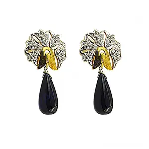 "Exquisite Diamond Floral Drop <b>Earrings</b> with <b>Black</b> Onyx and <b>Gold</b> Plating" - Product Image 2