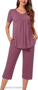 Femmes été à manches courtes ensembles de vêtements de nuit plissé Capri pantalon pyjama salon avec poches dames vêtements de nuit 2026 - Product Image 2