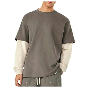 305G T-shirt surdimensionné à manches longues personnalisé hommes couleur unie Double couche Patchwork 100% coton T-Shirt - Product Image 1