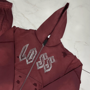 Conjunto de Sudadera con Capucha y Pantalones Deportivos para Hombre, Lavado Ácido, Estilo Desgastado, con Cremallera, Cortavientos, Traje Deportivo Completo con Pedrería, para Invierno - Product Image 5