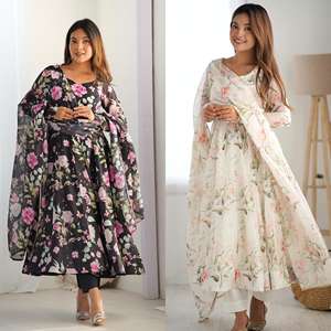 Tela de seda de organza suave pura con patrón de Kali y Patta de lona con Dupatta para el conjunto de traje Anarkali de verano - Product Image 2