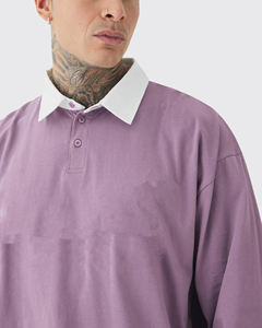 Venta caliente artical manga larga cuello en contraste Polo camiseta para hombres 100% algodón ajuste suelto logotipo impreso personalizado camisas de los hombres - Product Image 5