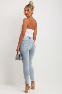 Pantalones de mezclilla con cierre de botón y volantes de moda con estilo de calidad superior para mujer Pantalones de mezclilla ajustados con diamantes de imitación personalizados - Product Image 6