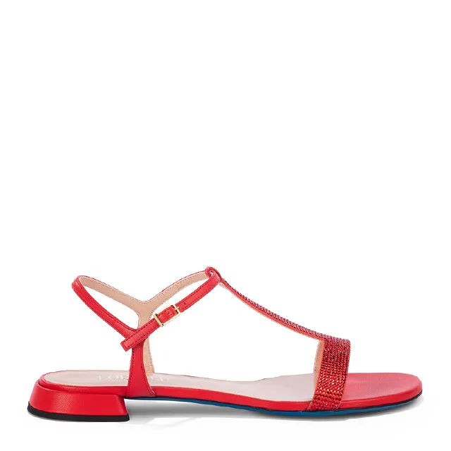 Sandalias planas nappa rojo coral hechas a mano en Italia con una barra en T de ante y pedrería para venta al por mayor