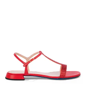 Sandal datar nappa merah karang dibuat di Italia menampilkan t-bar suede dan berlian imitasi untuk grosir