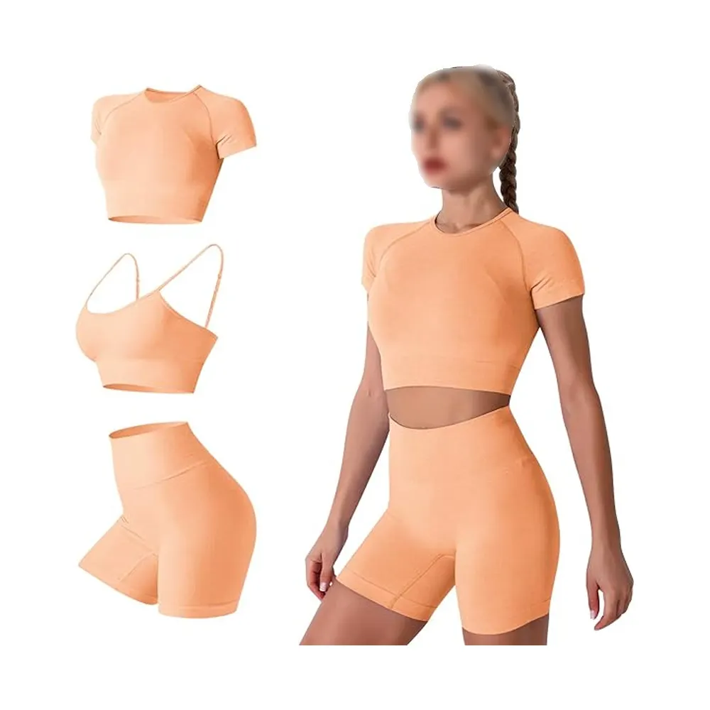 Ensemble d'entraînement 3 pièces sans couture-Short d'exercice taille haute, pantalon et soutien-gorge de sport en orange vif-Survêtements de sport parfaits pour femmes