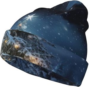 Gorros de punto con estampado de nieve de árbol de Navidad, gorros cálidos de invierno para mujer, gorros elegantes, gorro unisex sin visera, gorro con puño - Product Image 1