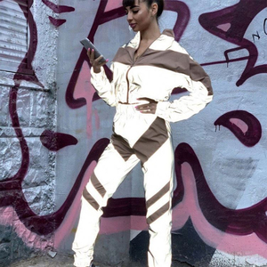 New Arrival Custom Women Streetwear Plus Size Heavyweight Solid Contrast Panel Nylon <b>Zip</b>-<b>up</b> <b>Jacket</b> Tracksuit Cropped Pant Set - Product Image 4