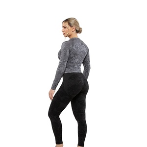 Camiseta Deportiva de Manga Larga para Mujer, Diseño Moderno, Lavado Ácido, Material de Poliéster y Algodón, Cuello Redondo, para Entrenamiento en el Gimnasio - Product Image 3