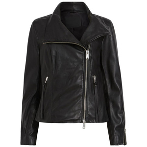 Chaqueta de cuero de motorista de cuero de lujo clásico para mujer Cierre de cremallera asimétrica Cuello alto Puños con cremallera. - Product Image 1