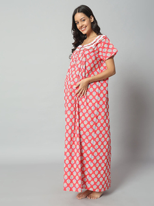 Chemise de nuit de maternité en dentelle 100% coton pour femmes, manches courtes, longueur totale, tissu respirant, col imprimé géométrique, élégante, été - Product Image 4