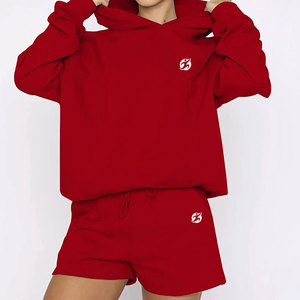 Ensemble sweat à capuche et short en molleton uni à épaules tombantes 100% coton assorti pour femme, personnalisable selon votre marque - Product Image 1