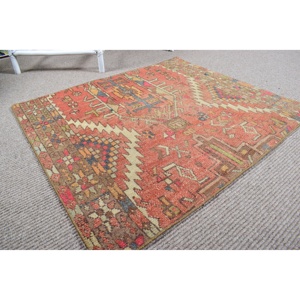 Vintage Turkish Small Eco-Friendly Latex Backing Rug 2.6x3.1 ft <b>Red</b> Blue Patchwork <b>Wool</b> Rug - Product Image 5