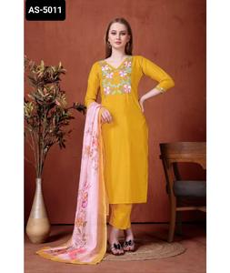 Traje indio de rayón pesado flameado con bordado de secuencia, traje Salwar Kameez con conjunto Dupatta estampado Chanderi para mujer, vestido - Product Image 1