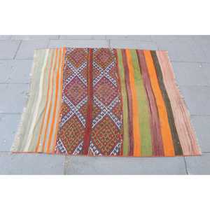 พรมวินเทจตุรกี ขนาด 3.5x4.2 ฟุต (106x129 ซม.) พรมคิลิมขอบสีส้ม - Product Image 4