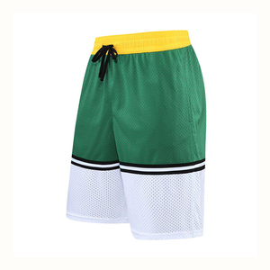 Shorts de basketball pour hommes en maille violet et jaune, taille élastique avec cordon de serrage, respirants, pour l'été, design color block - Product Image 3