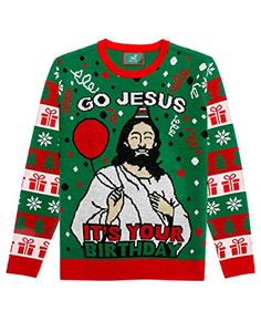 Maglione Natalizio Unisex in Maglia con Stampa Festiva, Felpa con Cappuccio o Girocollo, 'Go Jesus It's Your Birthday', Multicolore - Product Image 1