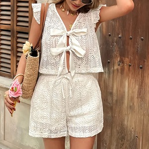 ชุดเสื้อผ้า2ชิ้นสำหรับผู้หญิงชุดสั้นฤดูร้อนแบบผูกด้านหน้าแต่งระบายชุดครอปกางเกงขาสั้นชุดเดินชายหาดลำลองสำหรับวันหยุดพักผ่อน - Product Image 5