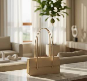 <b>Cream</b> Leather Vintage Fashion Women's Minimalist Rectangular Flap Shoulder Bag Two Straps Structured <b>Handbag</b> Trendy 90s Underarm - Product Image 4