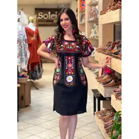 Hottest Arrival Embroidered Short Sleeve Knee Length Floral Embroidery Mexican Dress 2023