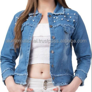Veste en jean bleu avec perles et strass pour femme, Logo personnalisé de haute qualité, grande taille - Product Image 4