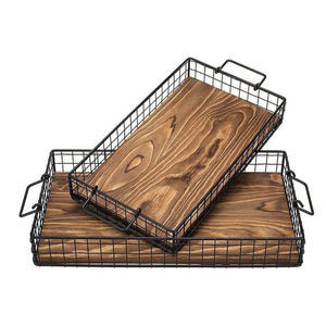 Ensemble de 2 plateaux de service rectangulaires en bois d'acacia avec poignées en acier inoxydable, plateaux de bar décoratifs modernes pour la décoration de la maison - Product Image 2