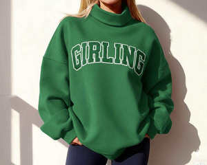 Women's Green Oversized Turtleneck Girling Graphic Sweatshirt <b>Drop</b> Shoulder Long Sleeve Casual Fleece Pullover Loose Fit Soft - Product Image 1