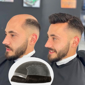 Peluca de Cabello Humano con Frente de Encaje para <span class=keywords><strong>Hombre</strong></span>, Cabello Remy <span class=keywords><strong>Corto</strong></span>, Grado Q6, Encaje Suizo, Sistema de Cabello Humano con PU, Densidad Ligera, Ondas Naturales - Product Image 1