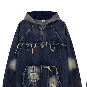 Nouvelle tendance de la mode Denim Hoodies Wasteland Style lavé couture hommes décontracté coupe régulière hiver imprimé 100% coton - Product Image 3