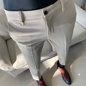 Pantalones de vestir ajustados de algodón para hombre de otoño 2025, pantalones informales hasta el tobillo con cintura elástica para oficina de negocios o eventos sociales - Product Image 4