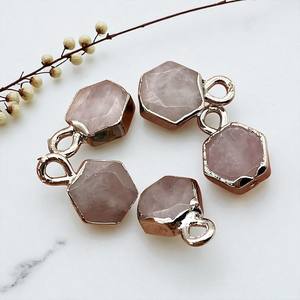 Gold Electroplated Hexagon <b>Rose</b> <b>Quartz</b> Gemstone Charms - 925 Silver Single Bail Charm Making DIY <b>Jewelry</b> - Product Image 1