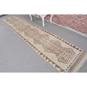 2.3x13.3 ft Rug, Vintage Herki Rug, Turkish <b>Brown</b> <b>Wool</b> Floral Rug - Product Image 2