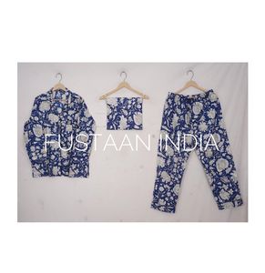 Bleu Floral Main Bloc Imprimé 100% Coton Pyjama Ensemble Romantique Bohème Style Coréen Taille Élastique Simple Vêtements De Nuit Jaipur - Product Image 1