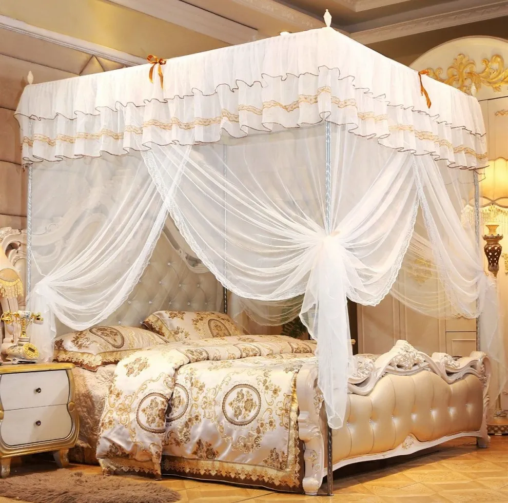 새로운 디자인 공주 스타일 아름다운 레이스 캐노피 메쉬 실내 가정 장식 그물 킹 퀸 사이즈 침대 사각형 모양의 모기장